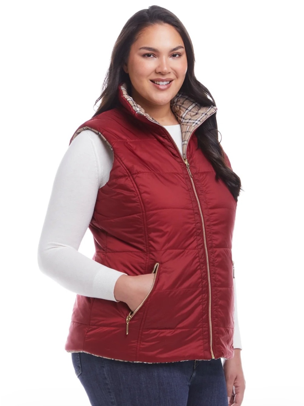 Weatherproof Reversible Plaid Puffer Vest 1X